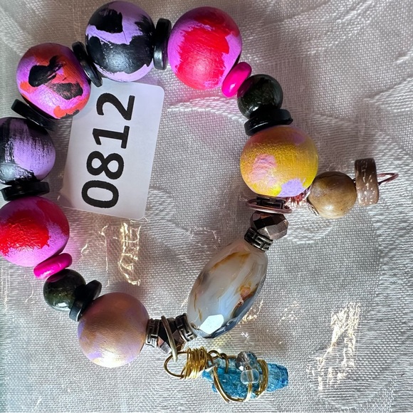 Artisan Charm Bracelet Montana Moss Agate Hand Painted Wood Beads, Glass 00815 P - Picture 3 of 9